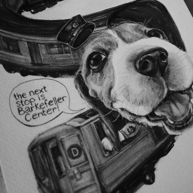 Dog at Rockefeller Center, ink illustration